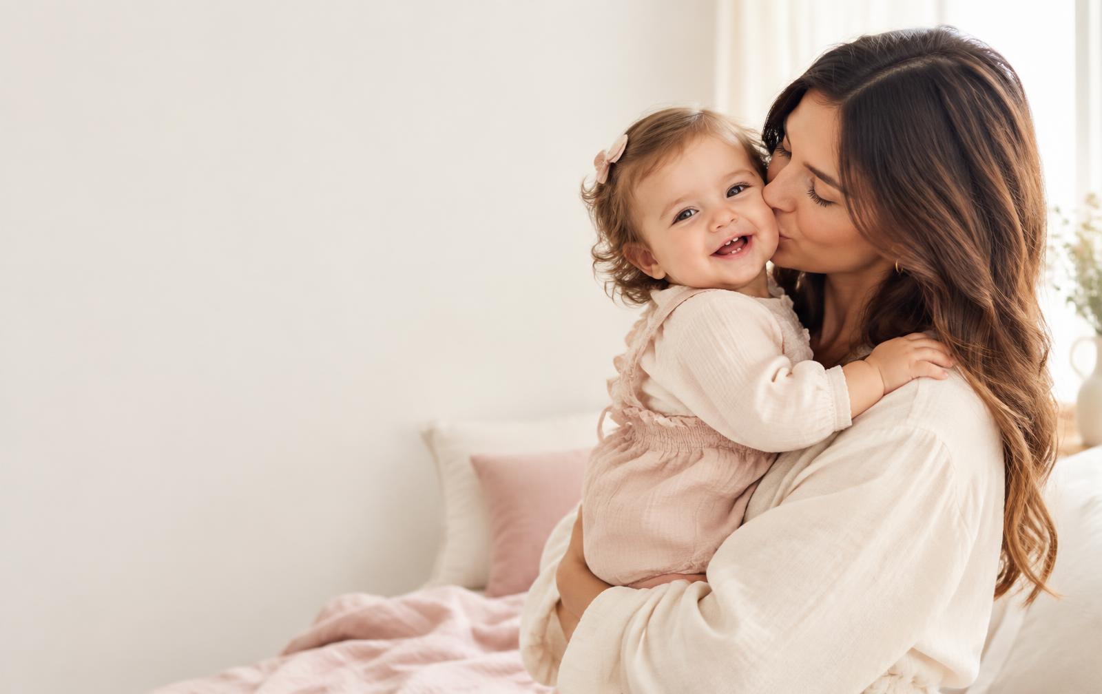 Mamma che abbraccia e bacia la sua bambina